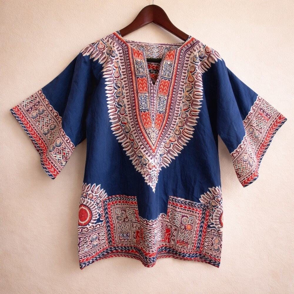 Vintage 60s 70s Dashiki Angel Wing Tunic Top Blue Red Boho Unisex S